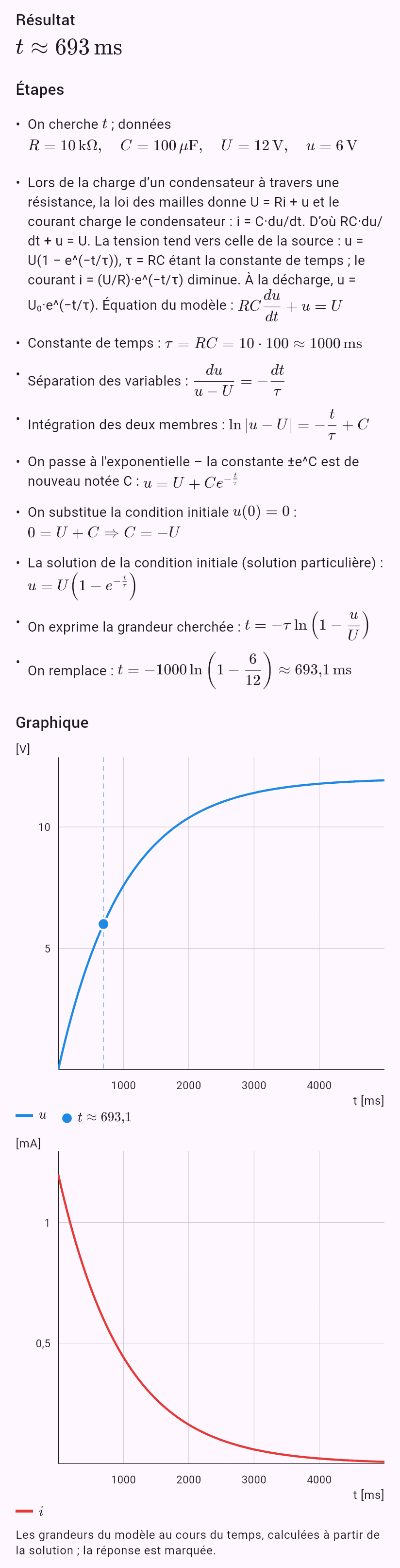 model(rc; find=t[ms]; R=10[kohm]; C=100[uF]; U=12[V]; u=6[V]; mode=charge)