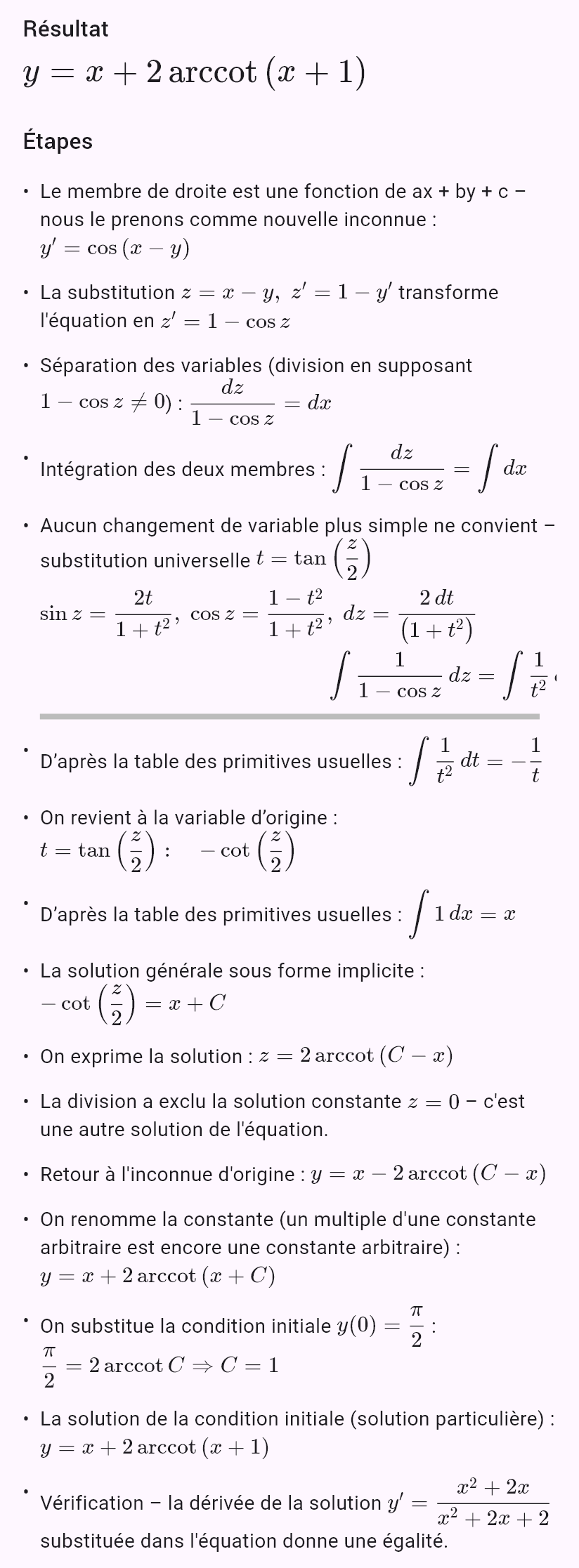 y' = cos(x - y), y(0) = pi/2
