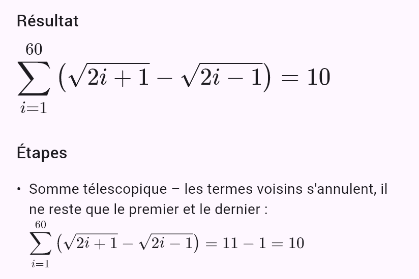 sum(sqrt(2i+1) - sqrt(2i-1), i, 1, 60)