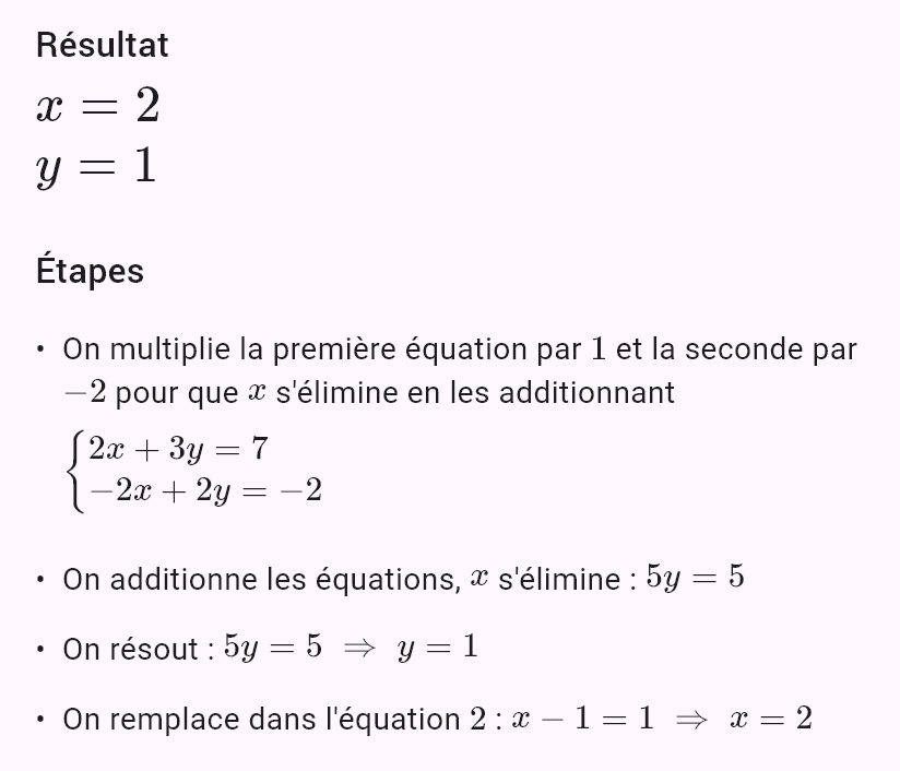 2x + 3y = 7
x - y = 1