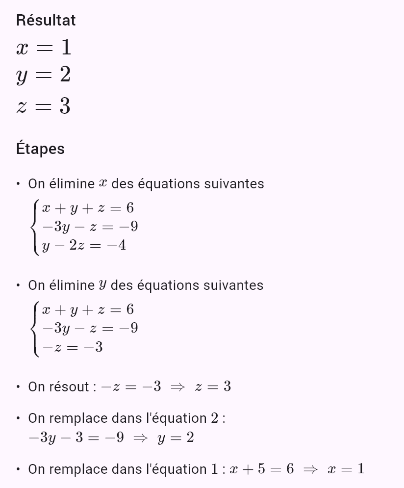 x + y + z = 6
2x - y + z = 3
x + 2y - z = 2