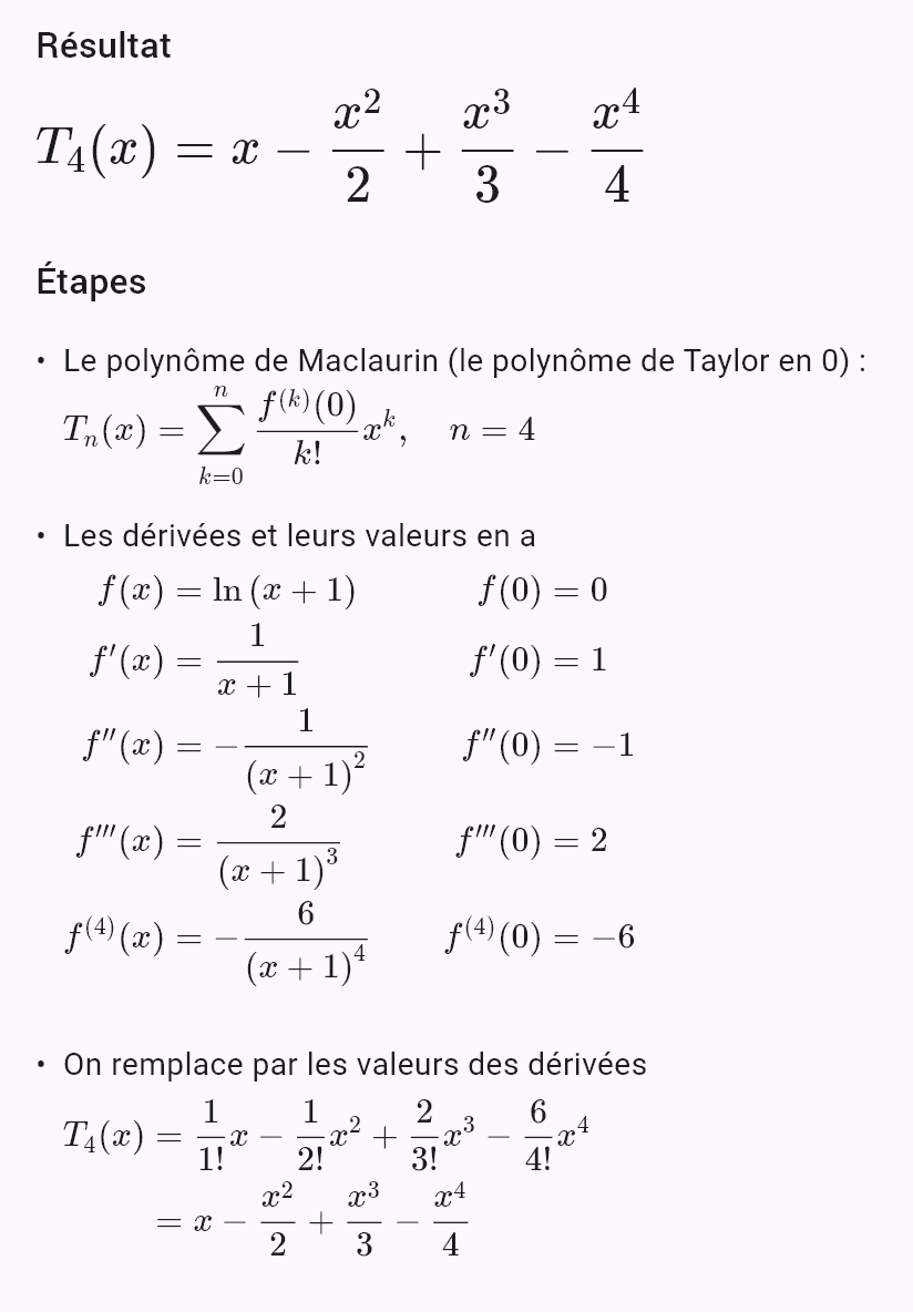 taylor(ln(1 + x), 0, 4)