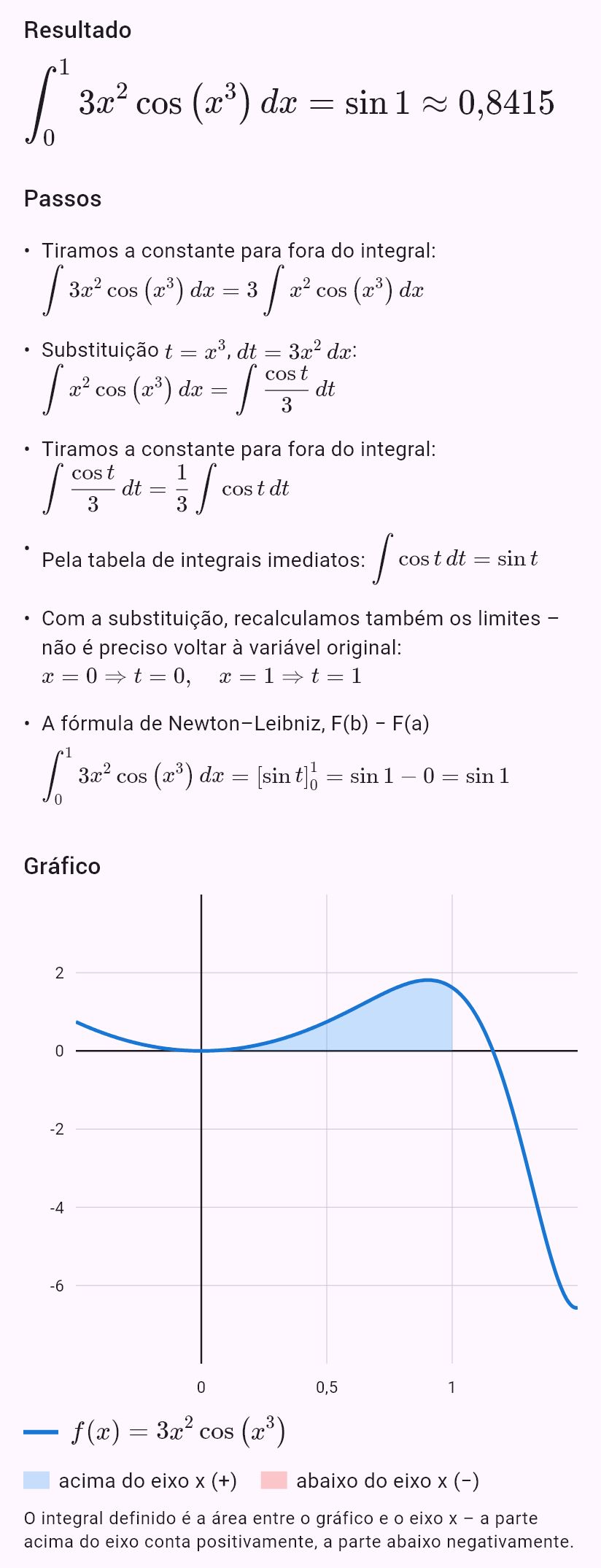 int(3x^2 cos(x^3), x, 0, 1)