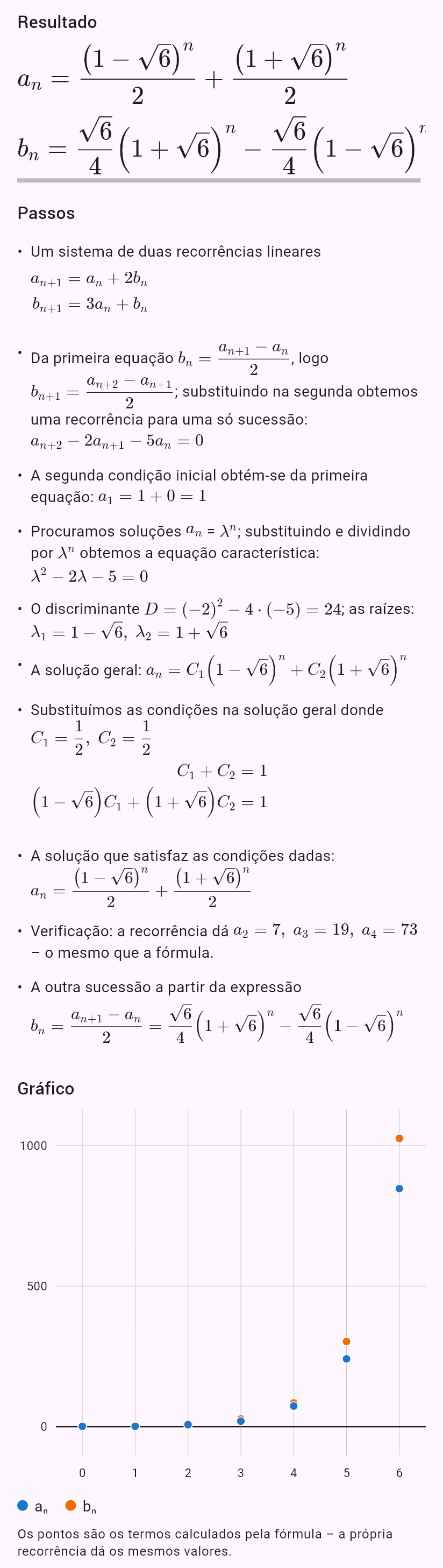 a_{n+1} = a_n + 2b_n
b_{n+1} = 3a_n + b_n
a_0 = 1, b_0 = 0