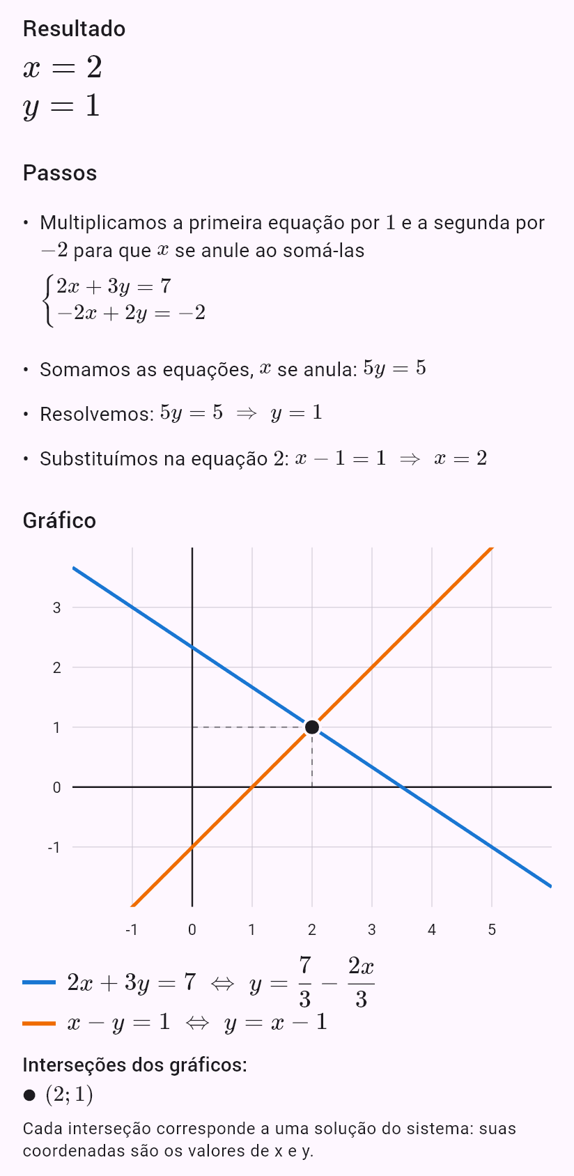 2x + 3y = 7
x - y = 1