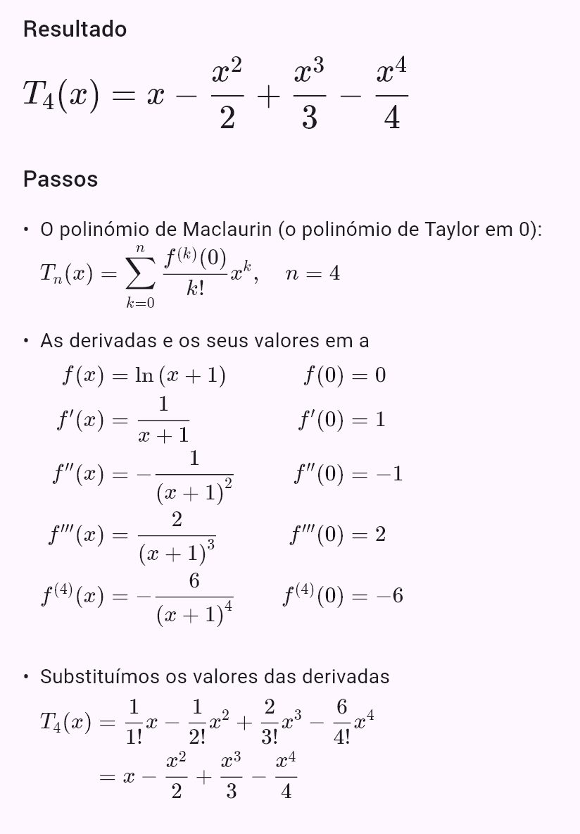 taylor(ln(1 + x), 0, 4)