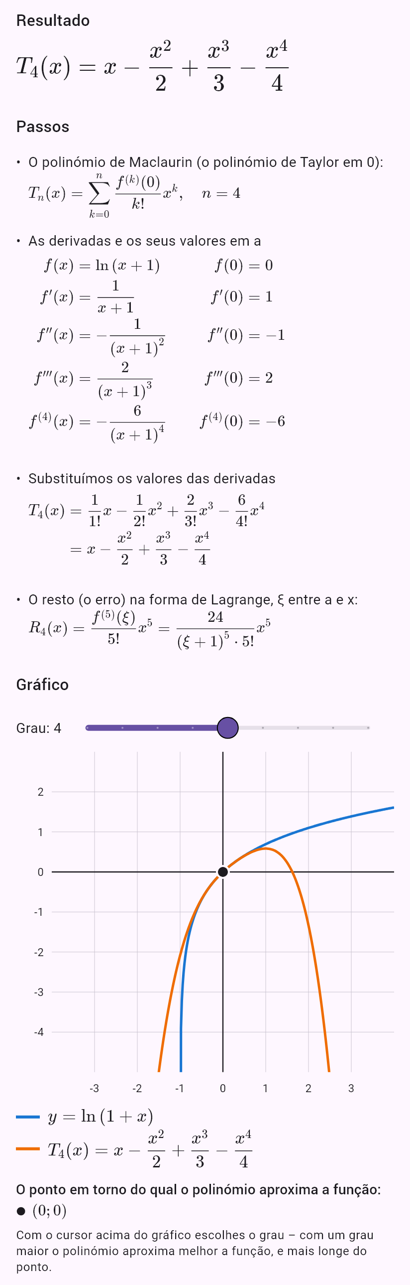 taylor(ln(1 + x), 0, 4)